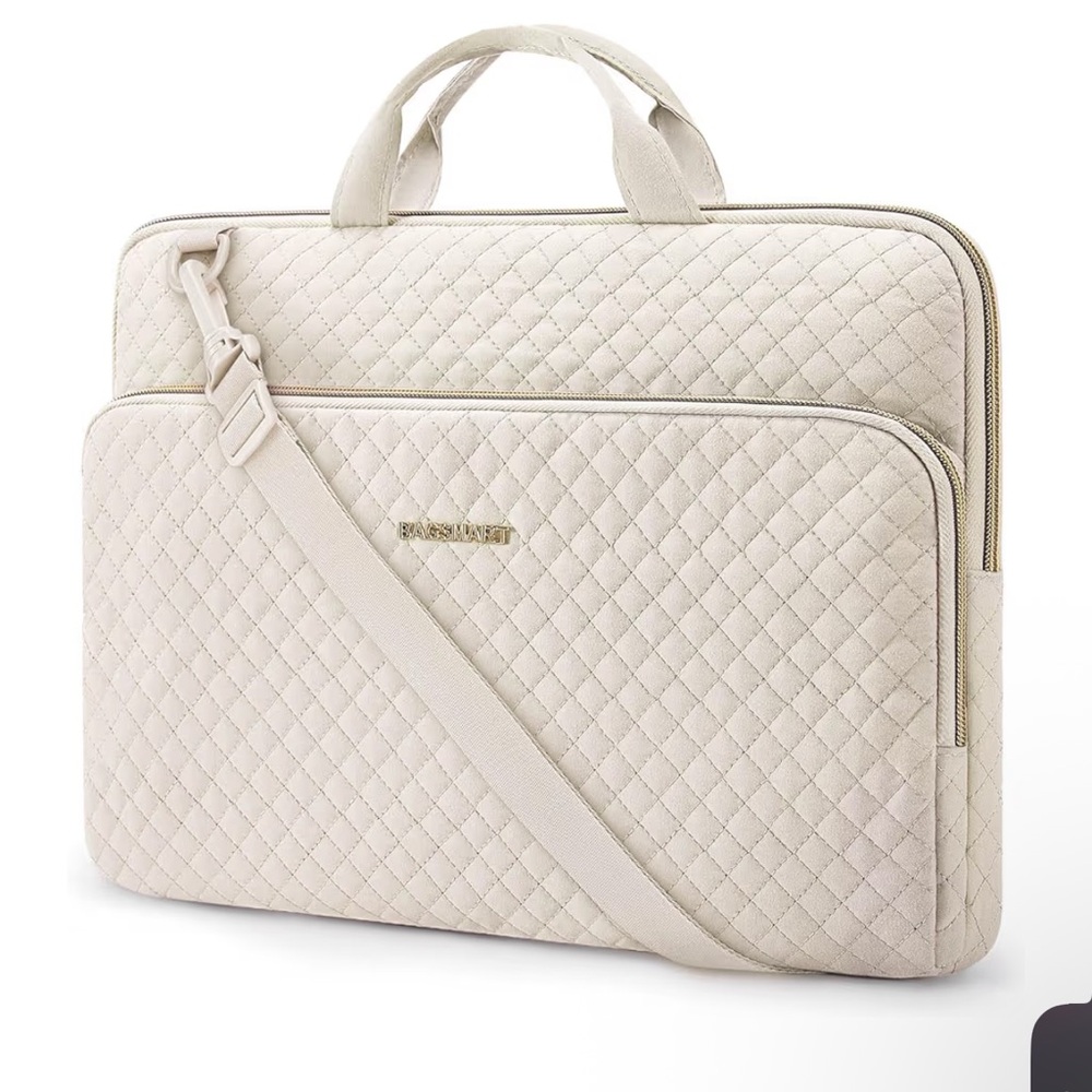 15.6 Beige Quilted Laptop Bag with Shoulder Strap